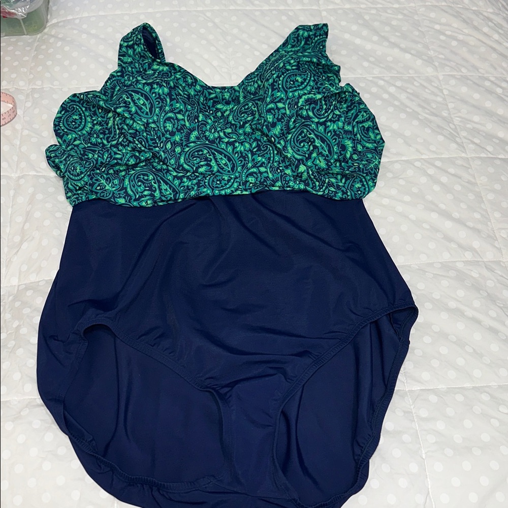 Lands End SlenderSuit Wrap Swim Dress Swimsuit blue green paisley 24W nwt - Picture 7 of 9